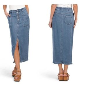 Young Fabulous & Broke Denim Midi Skirt Front Slit Button Fly